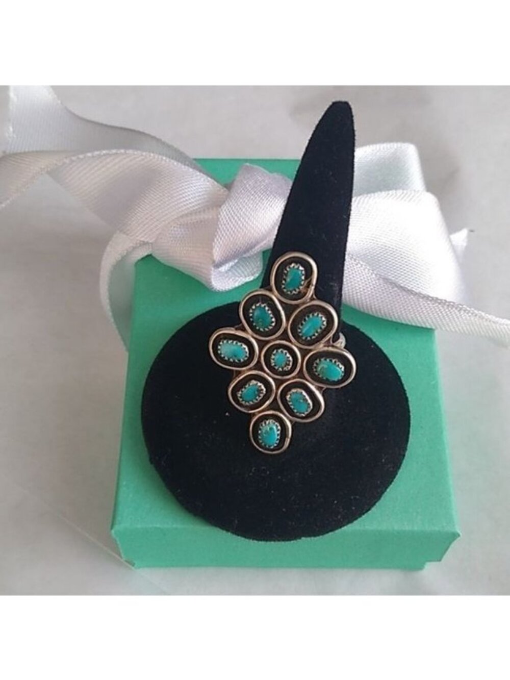 Zuni Turquoise Snake Eyes Silver Cluster Ring, Size 5